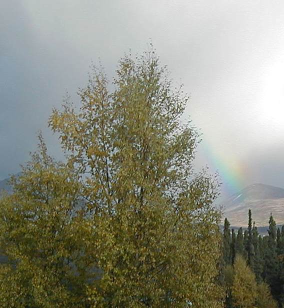 A tiny arc of rainbow pokes through the clouds