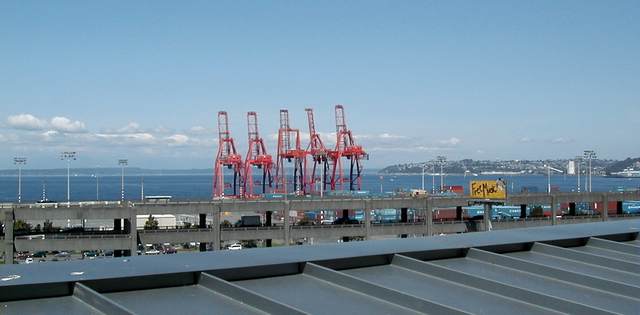 Elliot Bay, some shipyard cranes, and the Alaska Viaduct