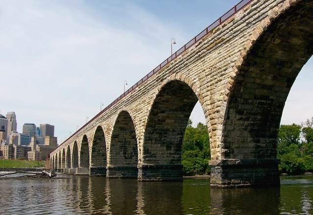 The downriver side of the Stone Arch Bridge as seen from below