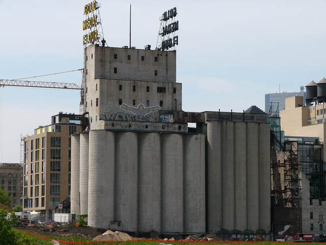 The Gold Medal Flour Mill ruins - the new Mill Museum is under construction behind the mill (it can be seen both to the left and right).