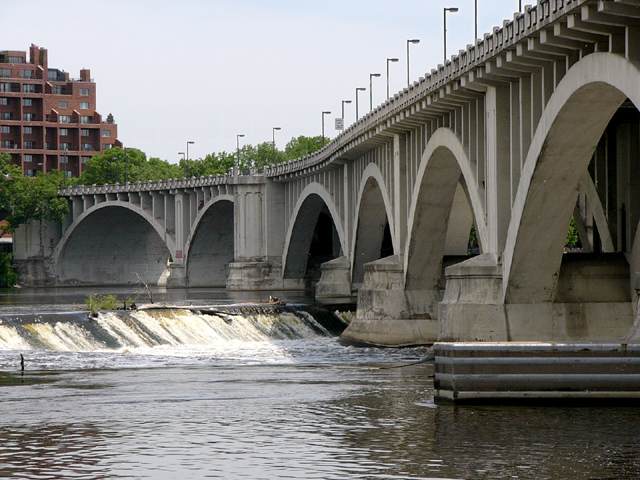 The upper end of St Anthony Falls just upriver of the 3rd Avenue Bridge