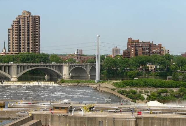 The upper dam seen from my room, with St Anthony Falls and the 3rd Ave Bridge on the left