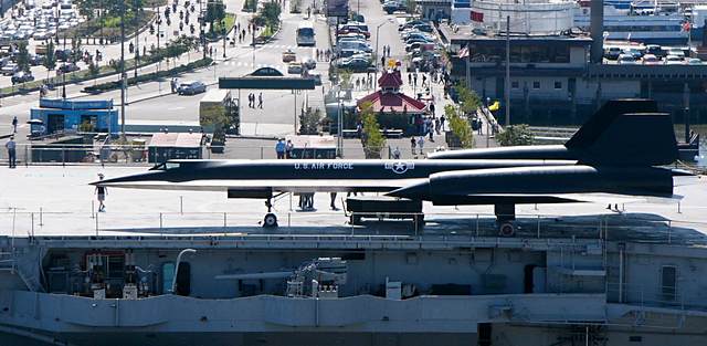 A closer view of the SR-71 on the deck of the Intrepid.