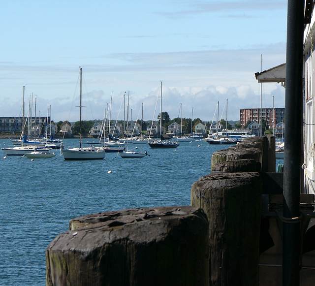 Looking out on the boat harbor from Bannisters Wharf