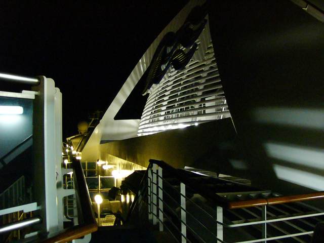 Looking forward at night, port side