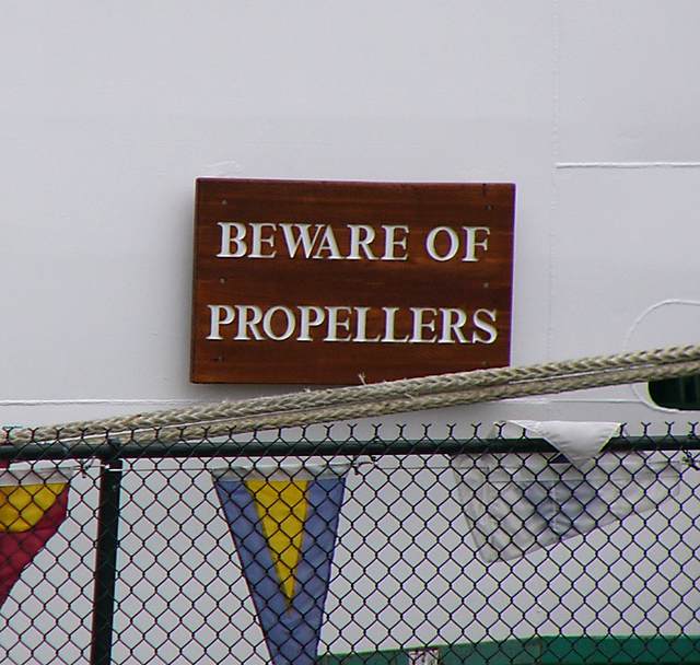 Sign at the aft end of the ship.