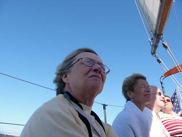 Mom on board the Madeleine sailboat in Newport
