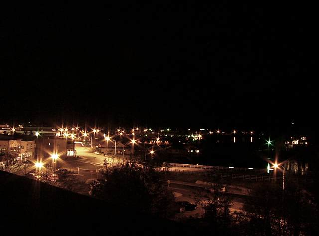 Nighttime view of downtown, looking toward Crescent Harbor