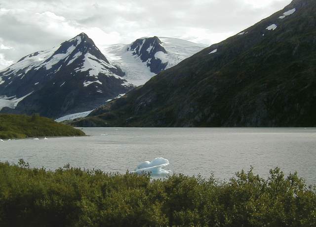 Back at Portage Lake, with a corkscrew iceberg and Portage Glacier