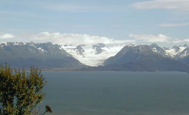 Long shot of glacier on the other side of Kachemak Bay from Homer